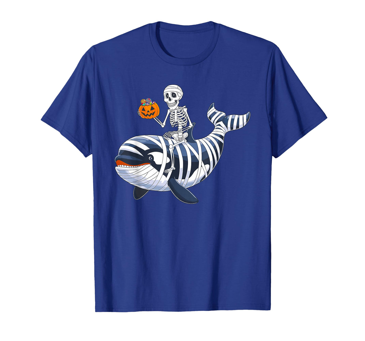Skeleton Riding Mummy Orca Halloween Candy Whale T-Shirt