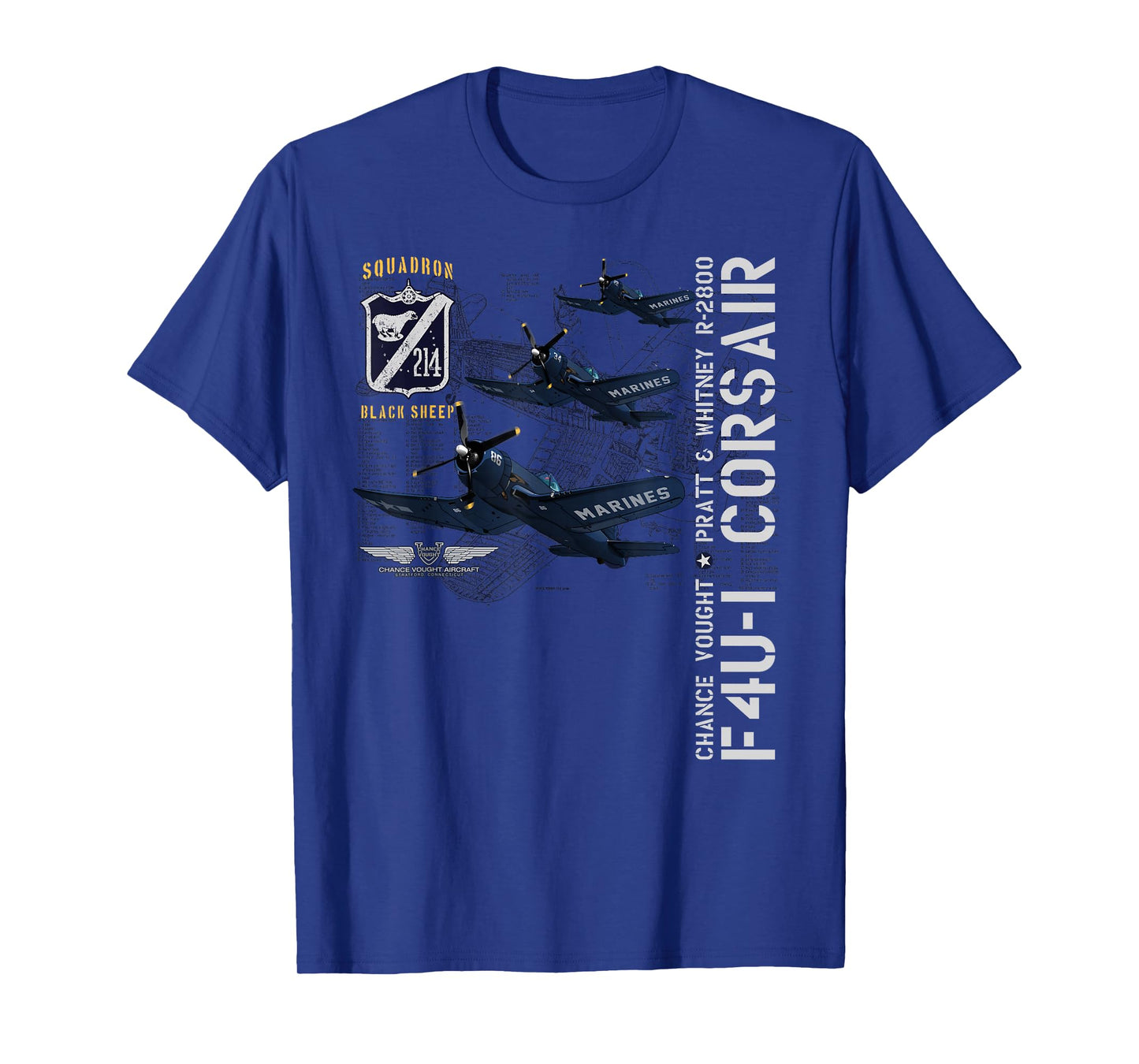 WWII AVIATION APPAREL F4U-1 CORSAIR (214) T-Shirt - Unisex-Adults and Kids - Blue - Small
