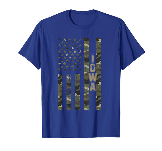 Iowa United States Distressed Camo w US Flag T-Shirt