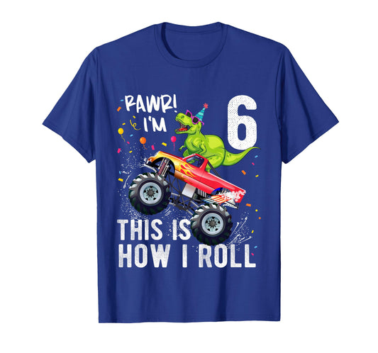 Kids T Rex Dinosaur Monster Truck 6th Birthday Boys and Girls T-Shirt