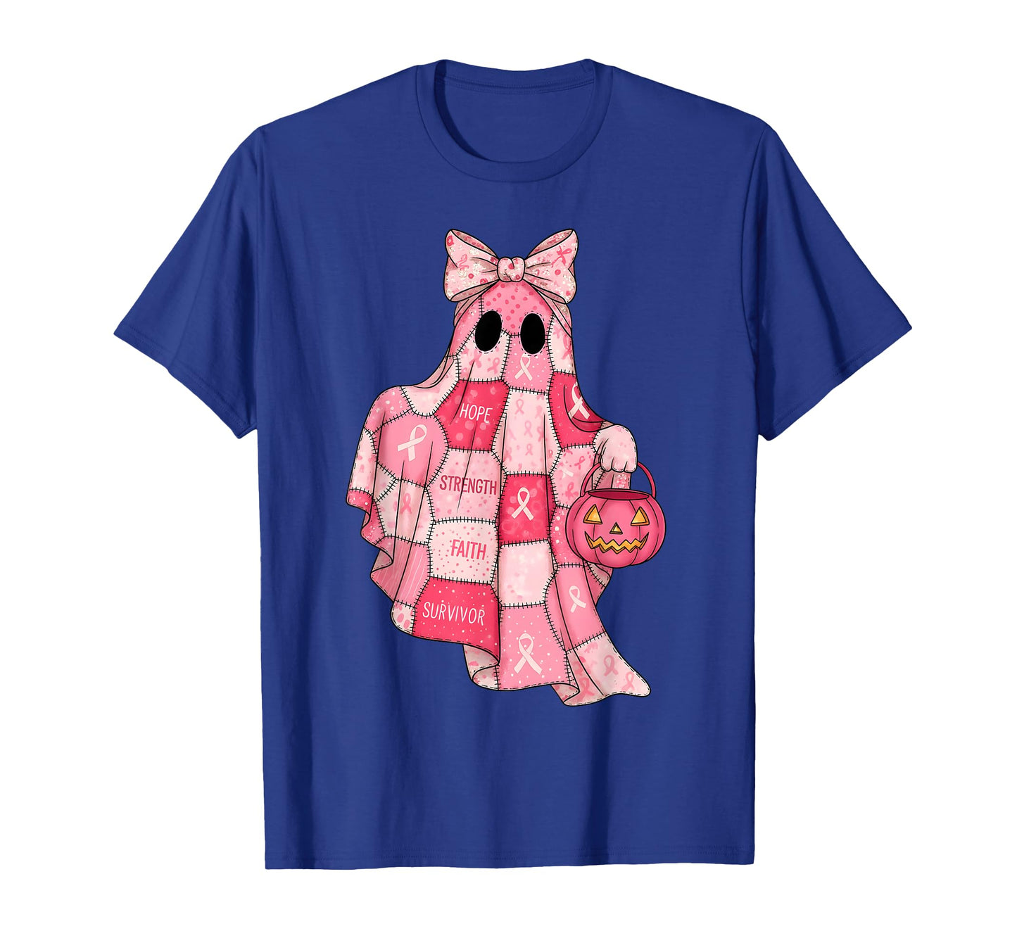 Pink Patchwork Ghost Witch Breast Cancer Awareness Halloween T-Shirt
