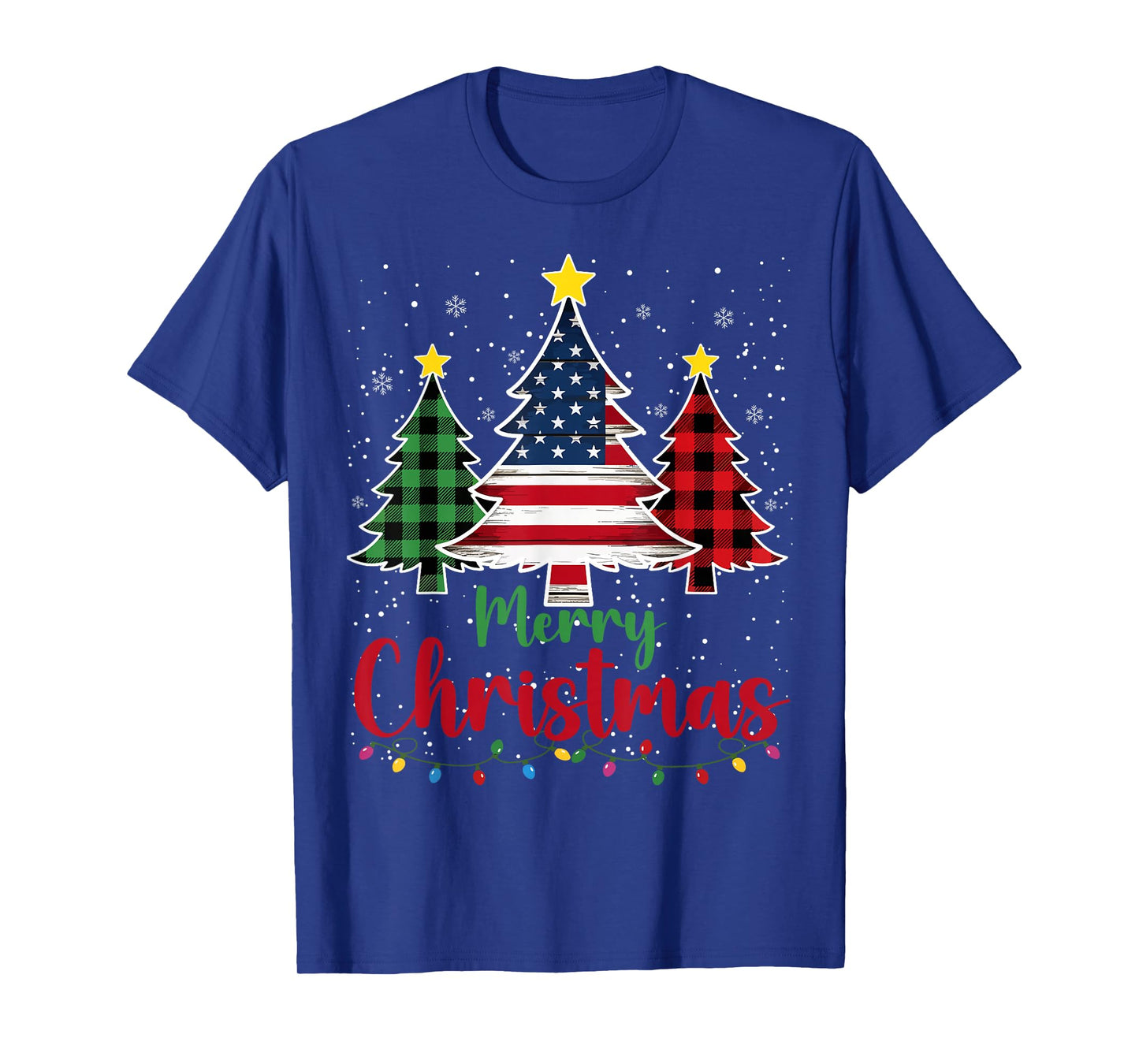 Merry Christmas Tree Plaid US Flag Snowflake Xmas Men Women T-Shirt