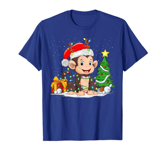 Cute Monkey Santa Christmas Tree Lights Xmas Pajama Monkey T-Shirt