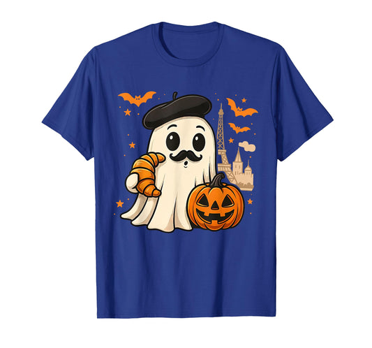 Cute Ghost with Croissant Pumpkin Halloween Spooky Season T-Shirt