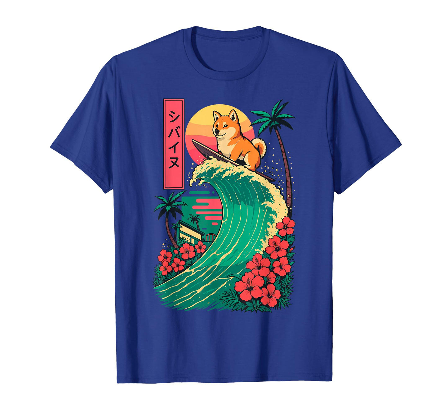 Japanese Shiba Inu Surfing Wave Great Wave Japan T-Shirt