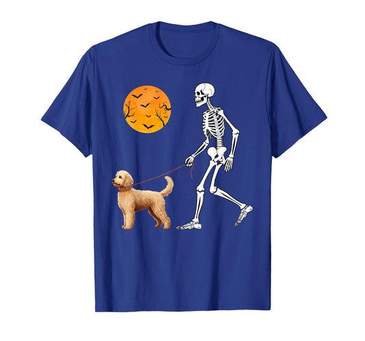 Funny Skeleton Walking With Goldendoodle Dog Happy Halloween T-Shirt