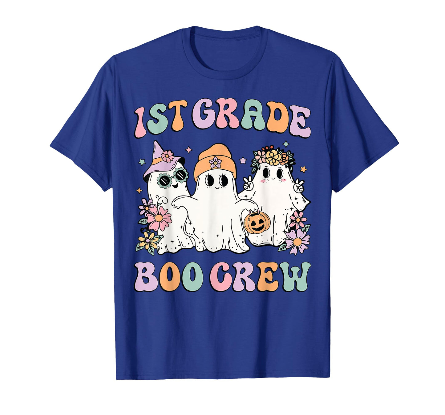 1st Grade Boo Crew Groovy Halloween Floral Ghost Kid Teacher T-Shirt