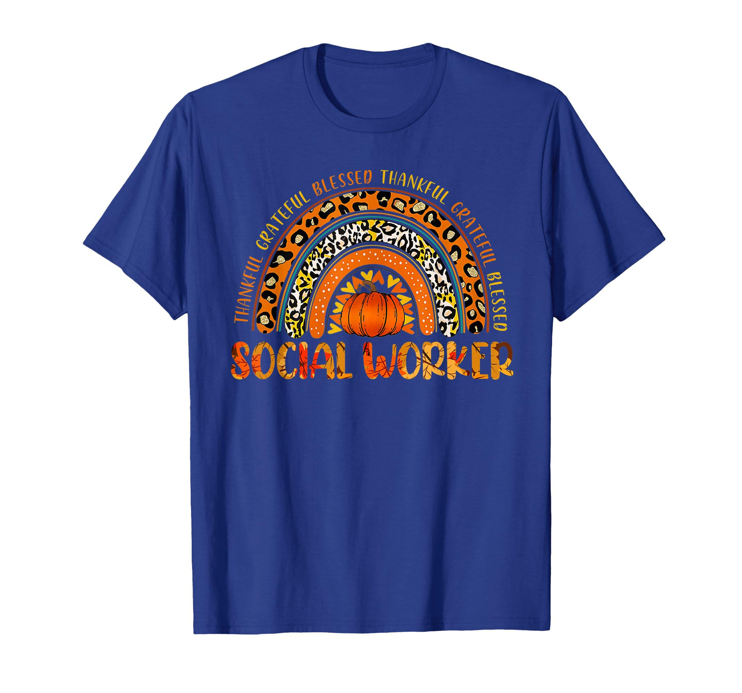 Leopard Rainbow Thankful Social Worker Pumpkin Thanksgiving T-Shirt