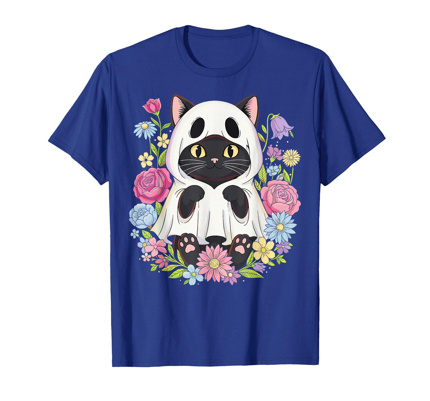 Halloween Black Cat Ghost Costume Flowers T-Shirt