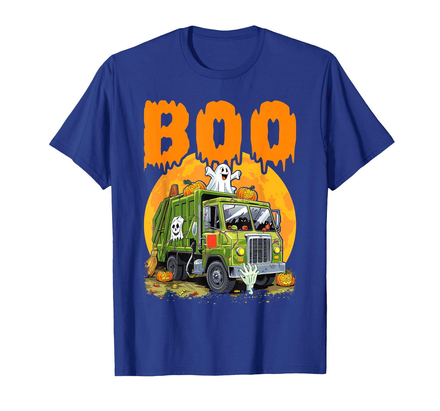 Ghost Driving Garbage Truck With Candy Bag Carved Pumpkin T-Shirt