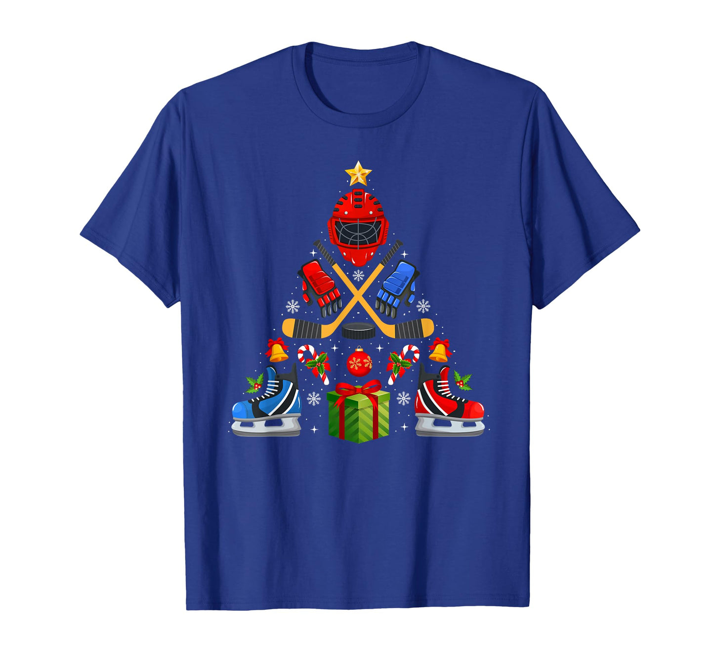 Ice Hockey Christmas Tree Lights Red Santa Hat Xmas Pajamas T-Shirt
