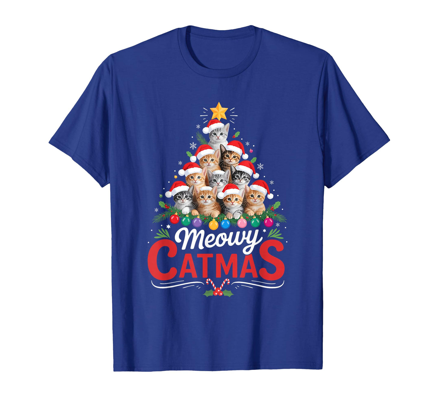 Meowy Catmas Cat Christmas Tree Xmas Girls Boys Funny Santa T-Shirt