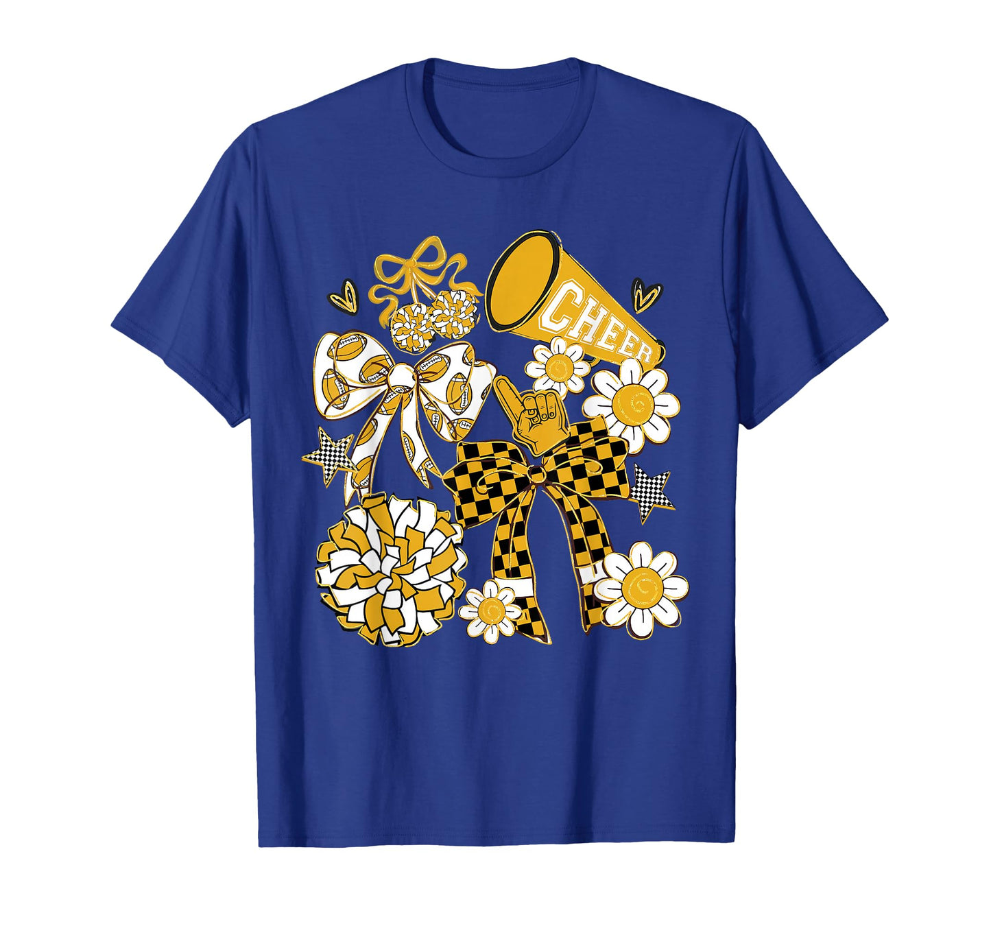 Coquette Bow Football Gold Black Game Cheer Mom Touchdown T-Shirt