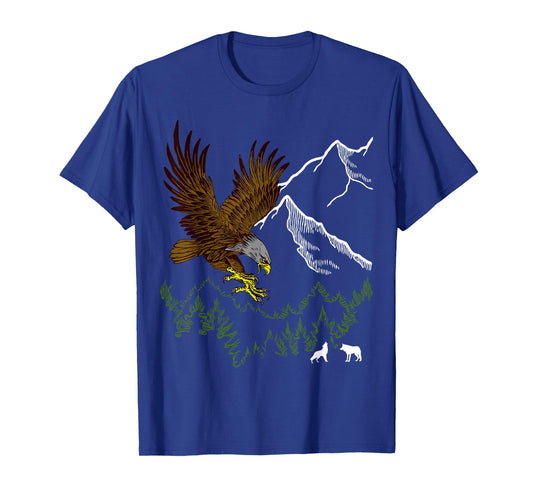 Mountain Forest tree Design Eagle Bird, Wolf Animal Graphic T-Shirt