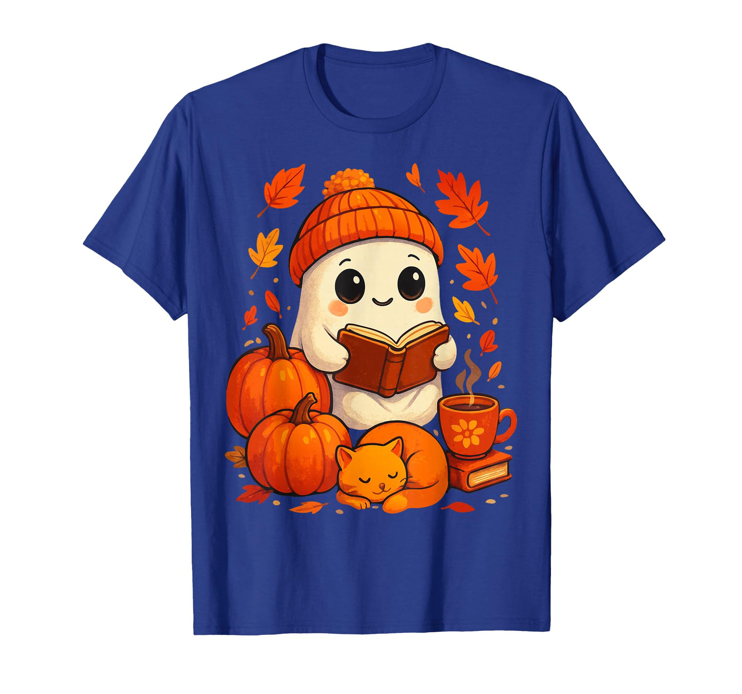 Cute Ghost Reading Book Autumn Pumpkins Cat Coffee Halloween T-Shirt