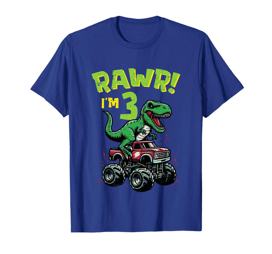 Kids Rawr Im 3 Dino On Monster Truck 3rd Birthday Trex Boys Kids T-Shirt