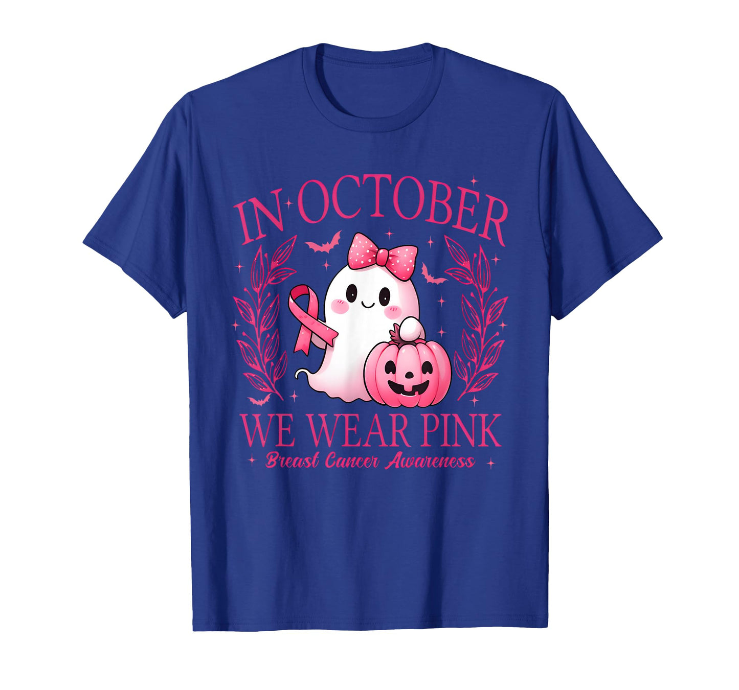 in October We Wear Pink Ghost Witch Breast Cancer Awareness T-Shirt
