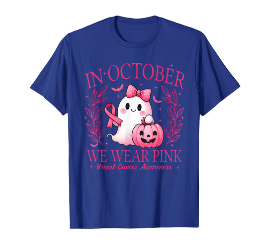 in October We Wear Pink Ghost Witch Breast Cancer Awareness T-Shirt