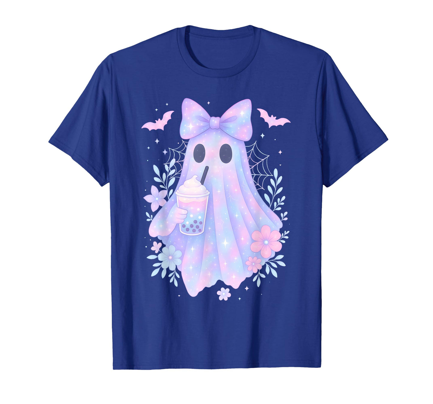 Kawaii Pastel Galaxy Ghost Bubble Tea Halloween Coquette Bow T-Shirt
