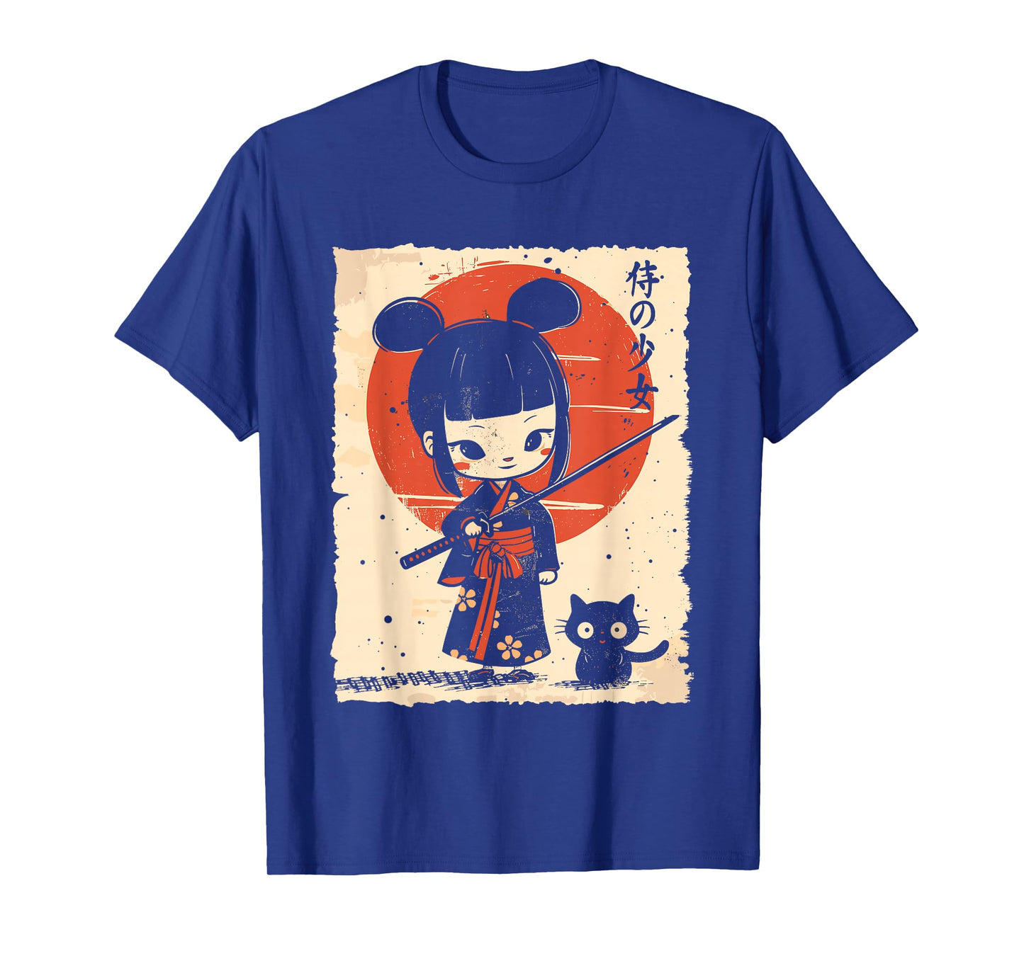 Cute Kawaii Samurai Girl with Katana & Cat Japanese Anime T-Shirt