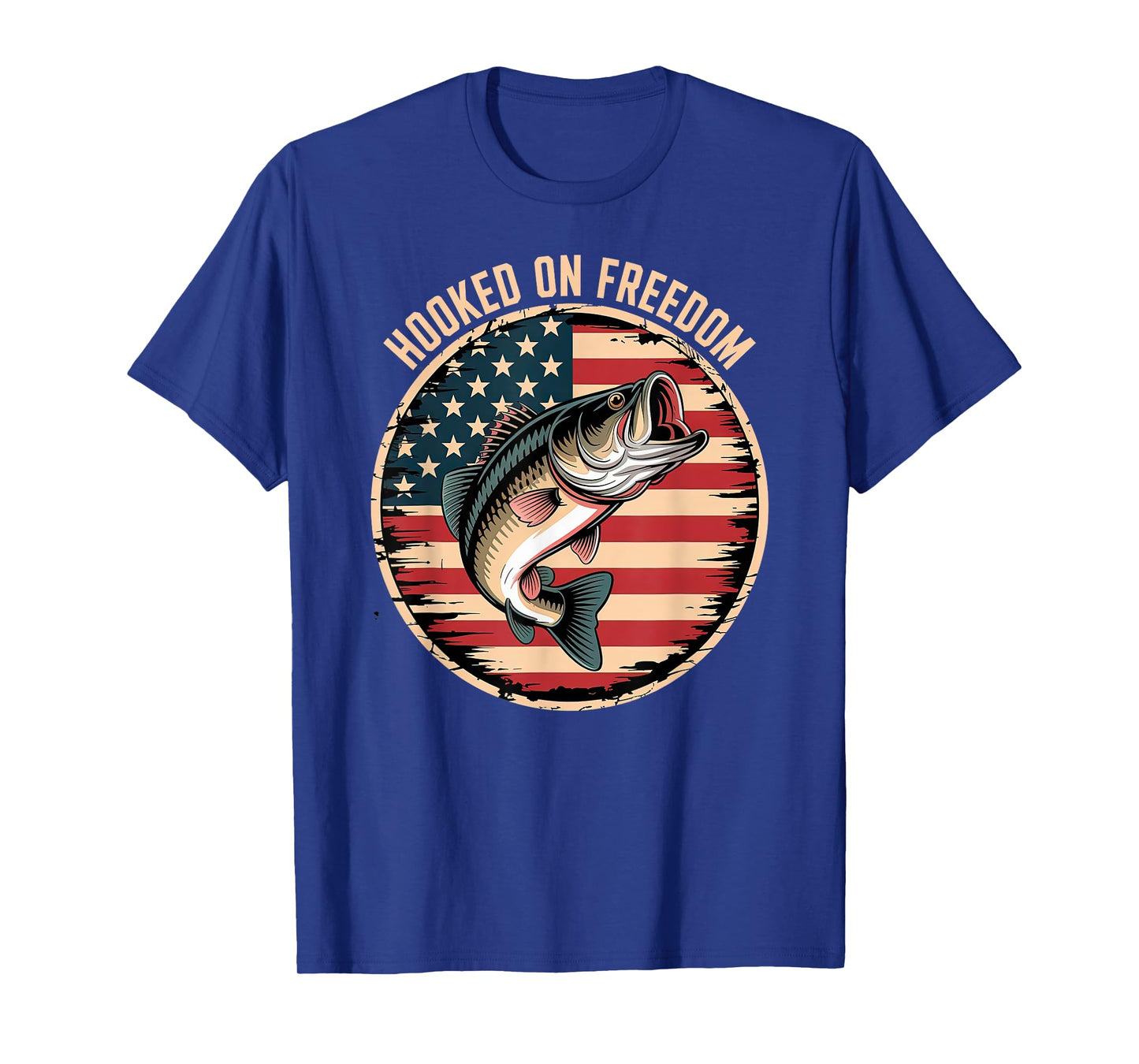 Patriotic Bass Fishing Jumping Over Distressed American Flag T-Shirt