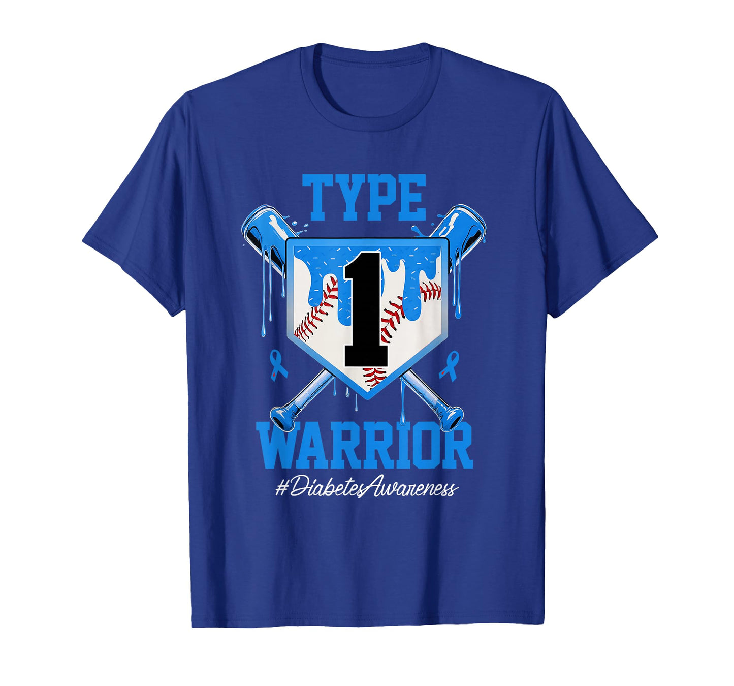 T1D Warrior Baseball Drip Diabetes Awareness Blue Ribbon T-Shirt