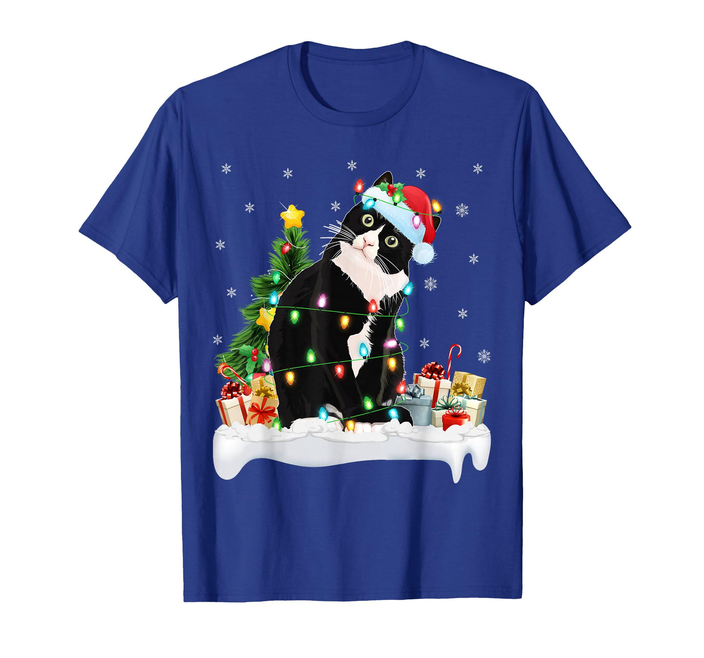 Black Cat Christmas Lights Santa Hat Black Cat Lover Xmas T-Shirt