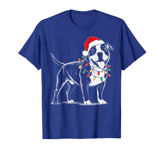 Pitbull Dog Christmas Lights Santa Hat Funny Xmas Dog Lover T-Shirt