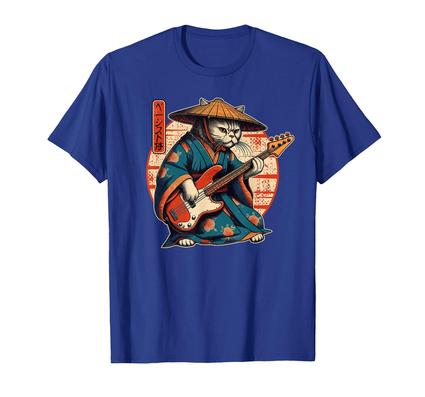 Japanese Samurai Cat Playing The Bass Men Women Girls Kids T-Shirt
