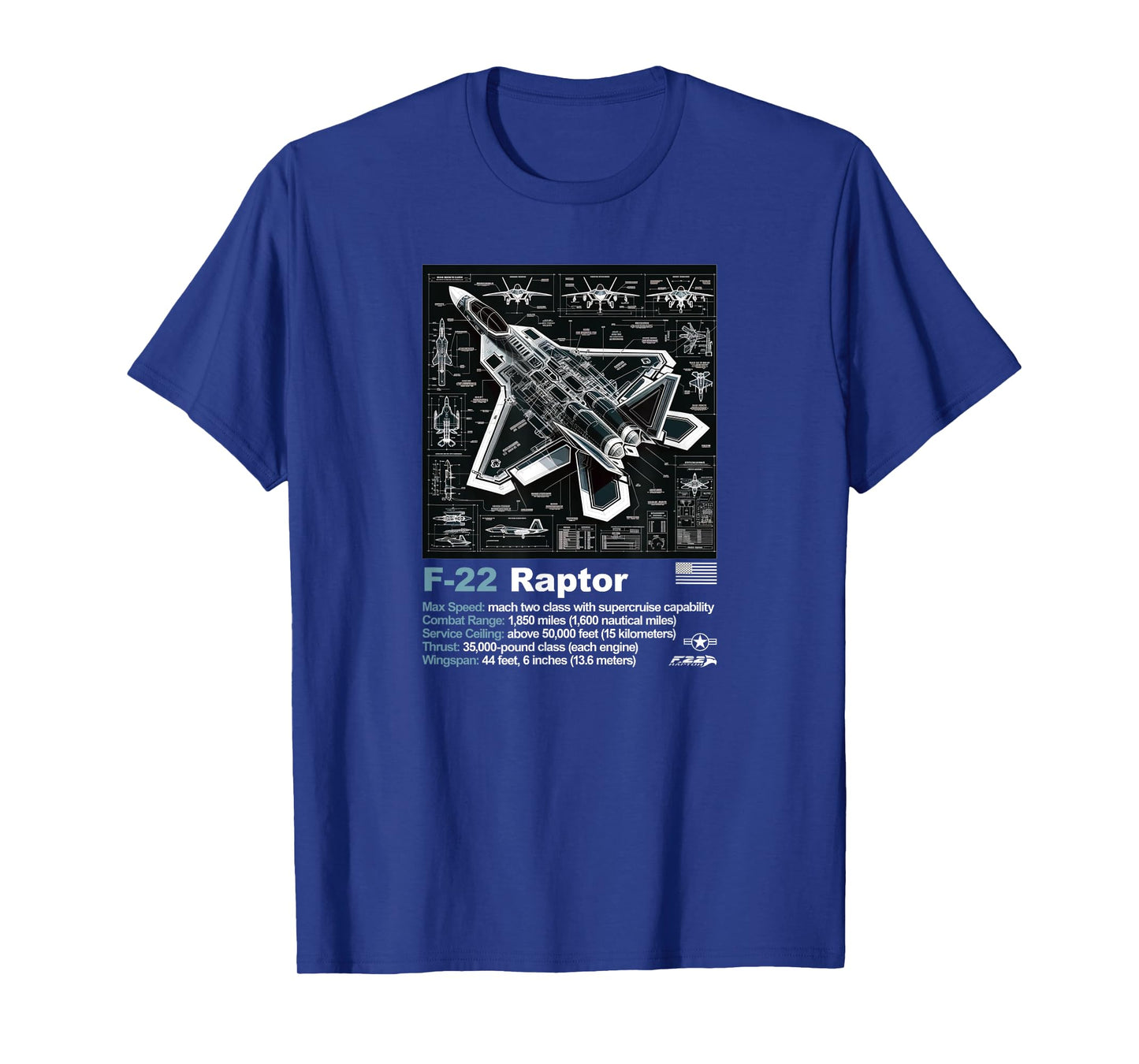 F22 Raptor Fighter Jet Blueprint Technical Drawing & Specs T-Shirt