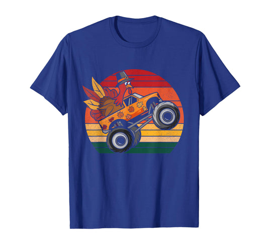 Kids Monster Truck Turkey Sunset Retro Thanksgiving Boy Kid T-Shirt