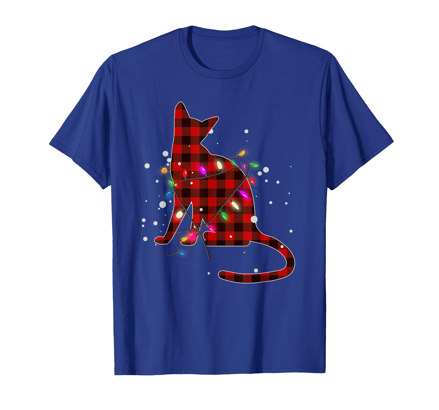 Red Buffalo Plaid Cat Christmas Pajamas Xmas Tree Lights T-Shirt for Men Women Kids