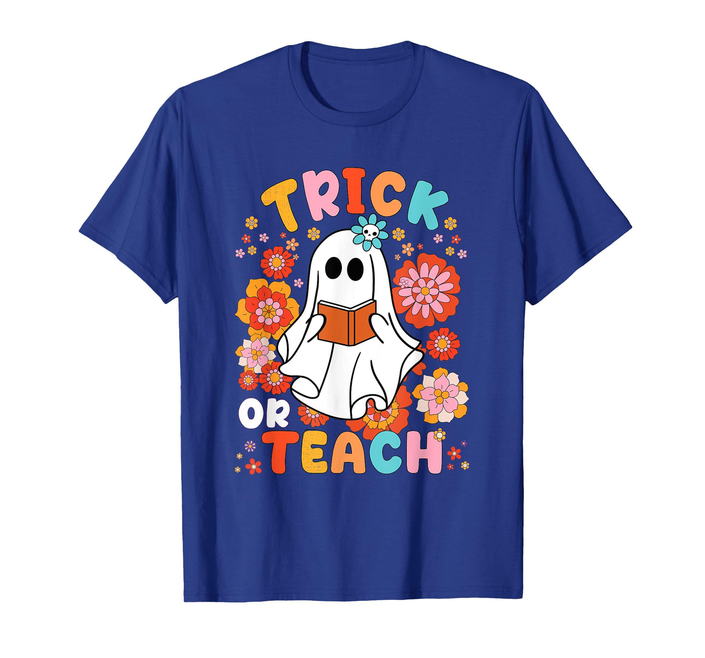 Groovy Halloween Trick or Teach Retro Floral Ghost Teacher T-Shirt for Men Women Kids