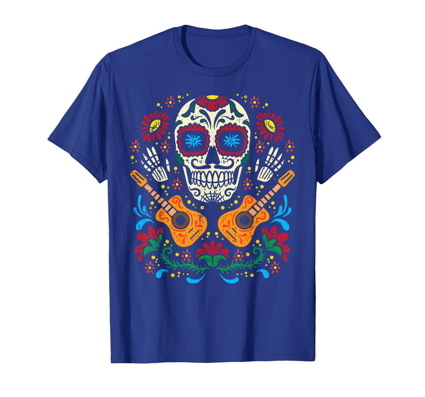 Sugar Skull Flowers Guitar Dia De Muertos Mexican Halloween T-Shirt