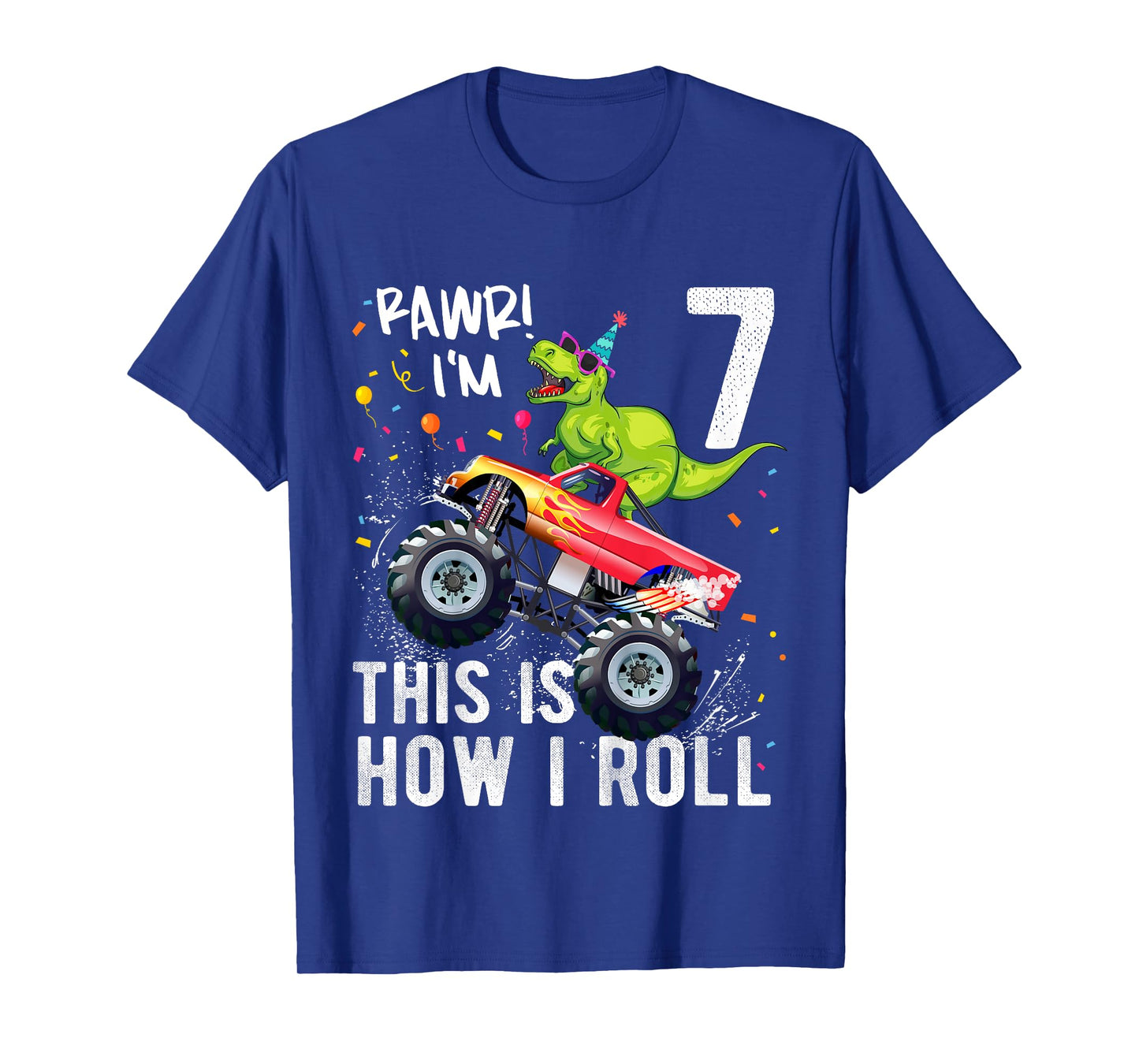 T Rex Dinosaur Monster Truck 7th Birthday Boys and Girls T-Shirt
