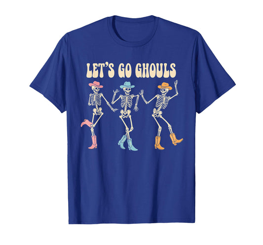 Let's Go Ghouls Women Halloween Dancing Skeleton Ghost T-Shirt