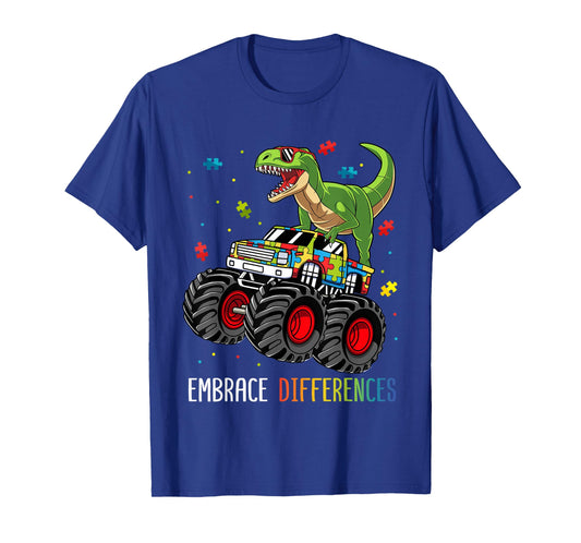 Autism Awareness T-Rex Monster Truck Embrace Differences T-Shirt