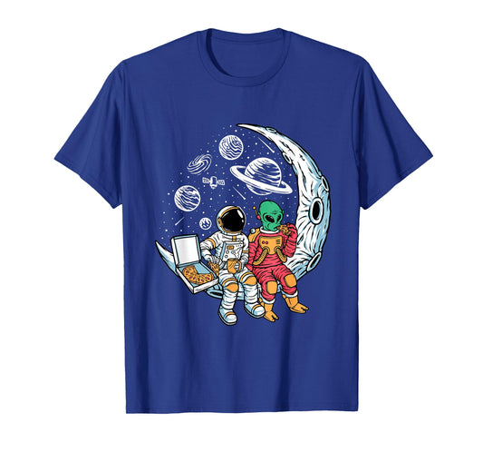 Astronaut Alien Eating Pizza in Space Chilling on the Moon T-Shirt