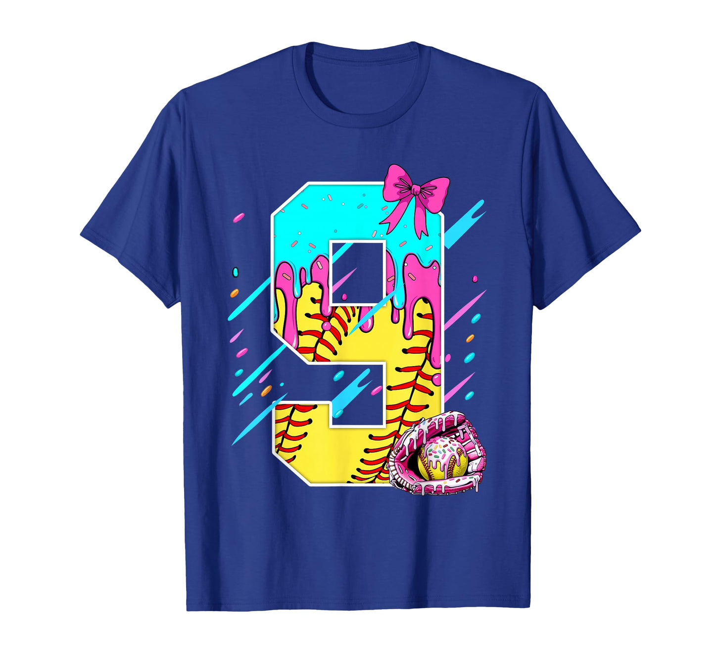 9th Birthday Softball Ice Cream Drip Bow 9 Years Kids Gift T-Shirt