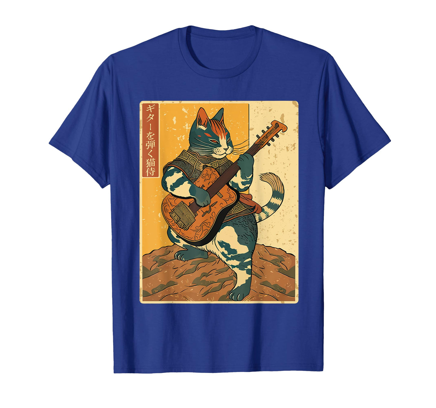 Japanese Samurai Cat Playing The Electric Guitar Men Women T-Shirt