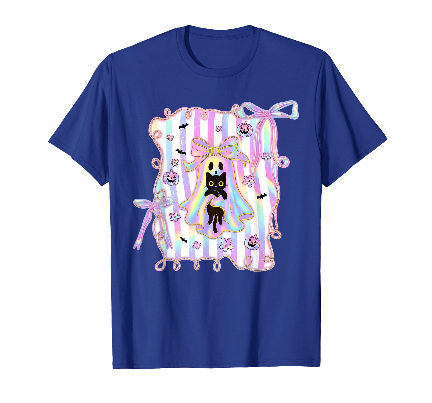 Ghost Holding Black Cat Pumpkin Coquette Halloween T-Shirt