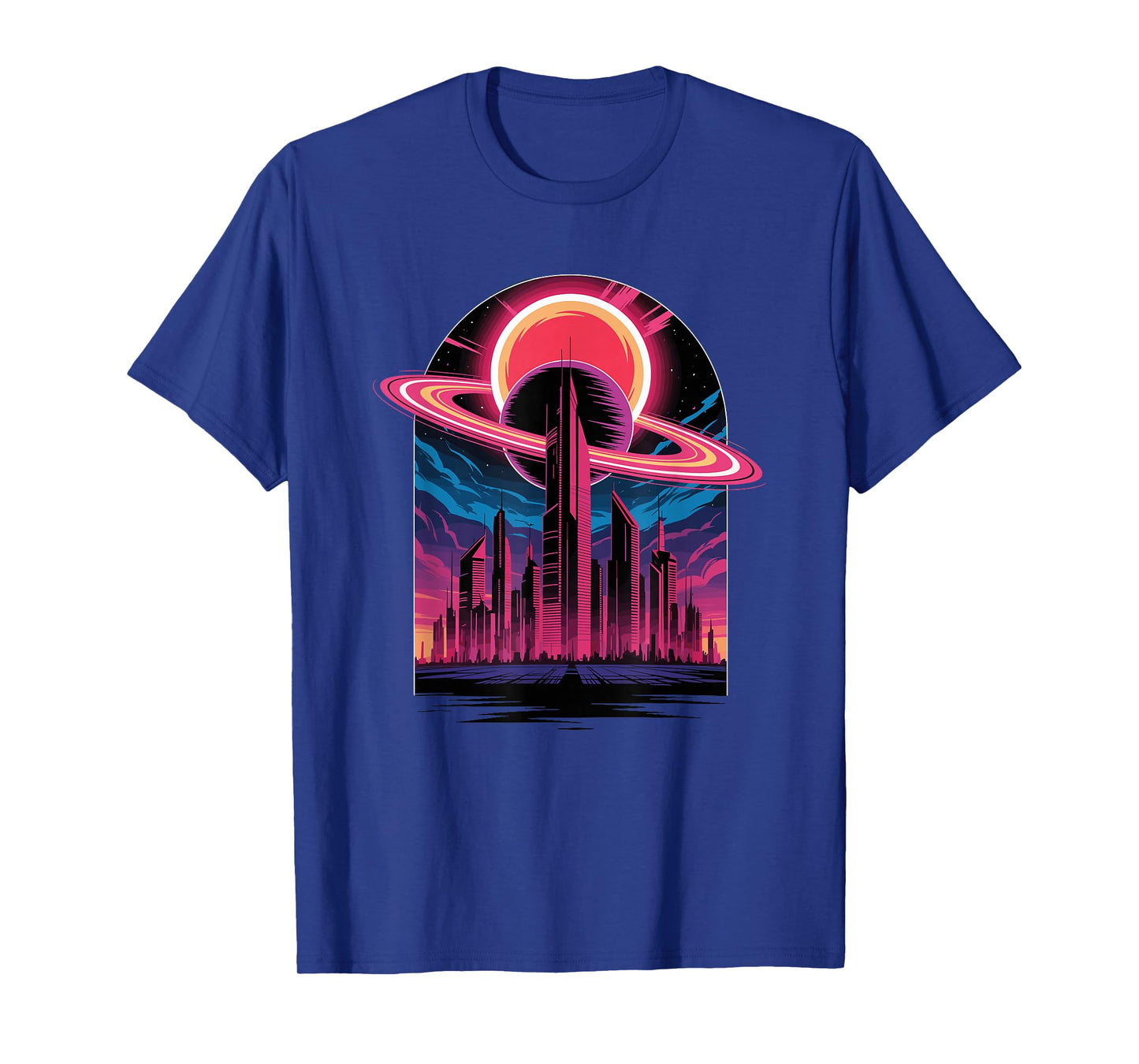 Retro Futuristic Cityscape with Planet and Ring Eclipse T-Shirt