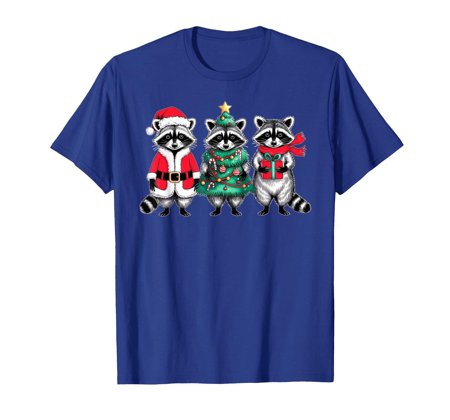 Raccoon Christmas Tree Light Santa Hat Xmas Family Men Women T-Shirt