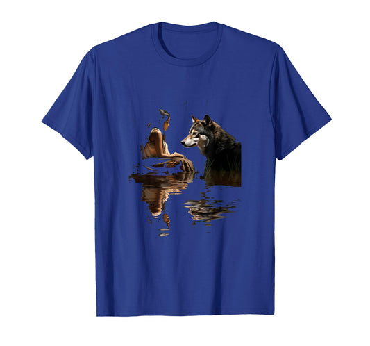Native American Woman Girl and Wolf In The Lake Indian T-Shirt