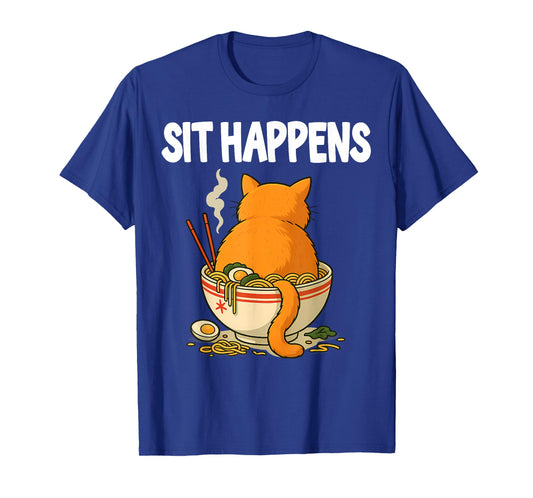 Funny Cat Ramen Bowl Sit Happens Orange Chubby Tabby Humor T-Shirt