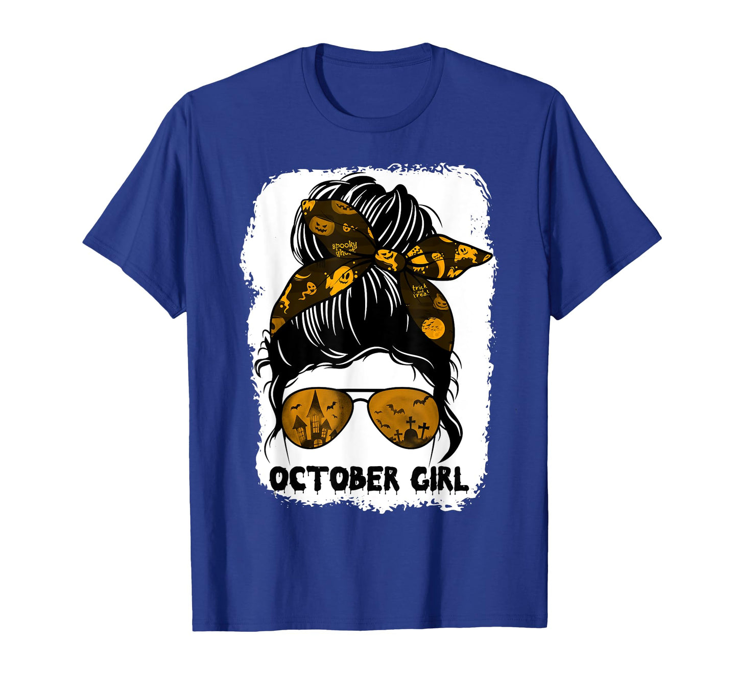 October Girl Messy Bun Lady Hair Horror Sunglasses Halloween T-Shirt