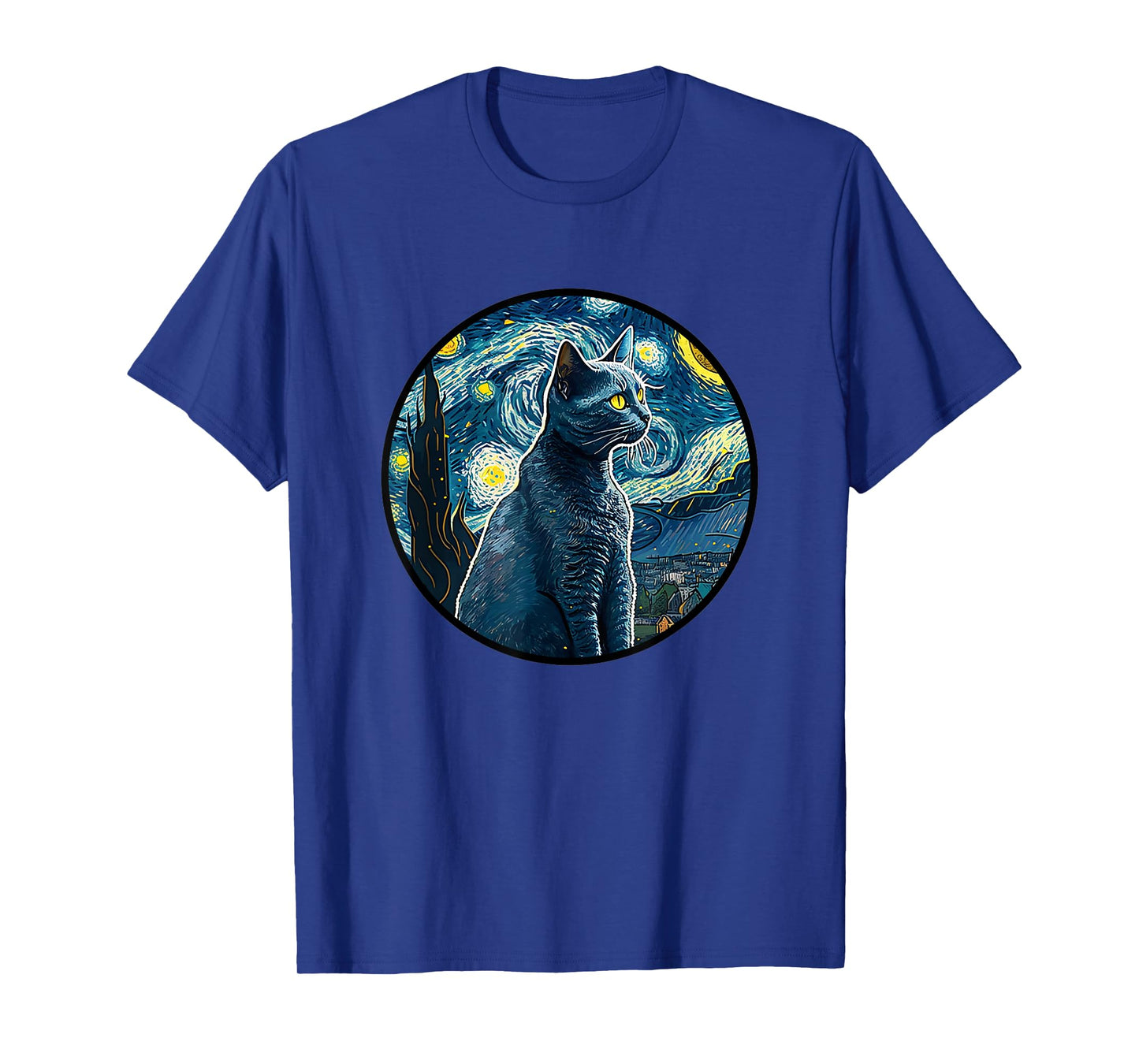 Russian Blue Cat in Starry Night Painting Men Women Kids T-Shirt