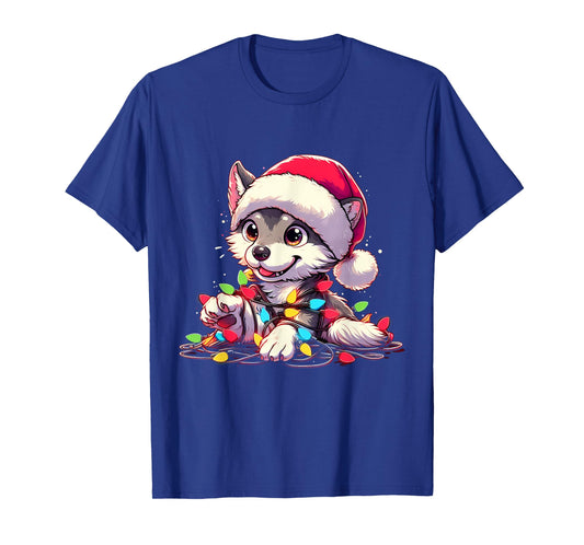 Merry Wolfmas Christmas Lights Cute Wolf Santa Hat T-Shirt