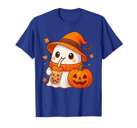 Kawaii Ghost Drinking Pumpkin Boba Tea Cute Ghost Halloween T-Shirt