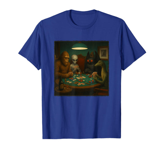 Cryptids Playing Poker Funny Alien Bigfoot Mothman Nessie T-Shirt